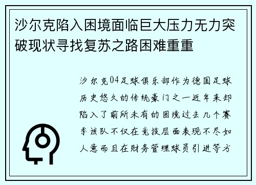 沙尔克陷入困境面临巨大压力无力突破现状寻找复苏之路困难重重