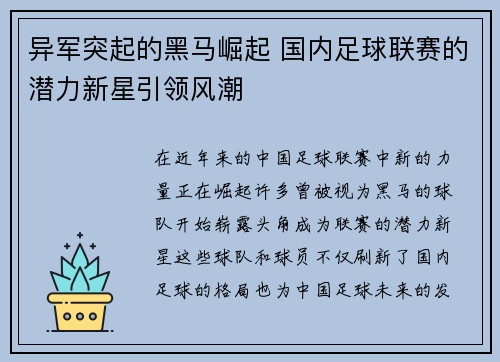 异军突起的黑马崛起 国内足球联赛的潜力新星引领风潮 异军突起的黑马崛起 国内足球联赛的潜力新星引领风潮